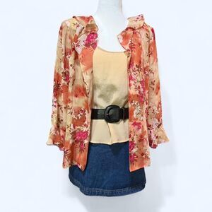 Vintage VIP Women's Two Piece Silk Floral Blouse and Tank Top